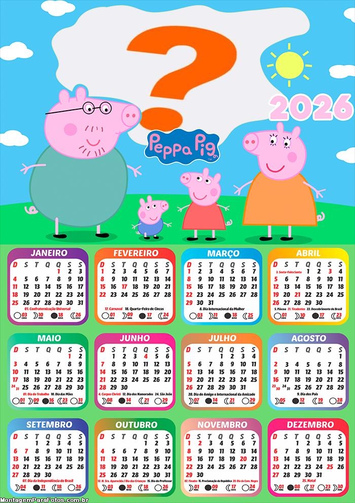 Calendário 2026 Peppa Pig Família Fazer Colagem Grátis