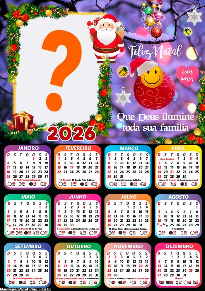 Calendário 2026 Feliz Natal que Deus ilumine sua família Foto Montagem