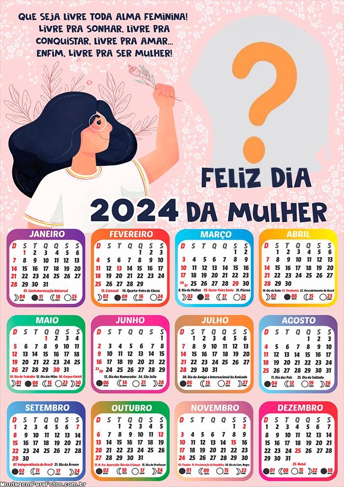 Calendário 2024 Alma Feminina Colar Foto Grátis Dia da Mulher