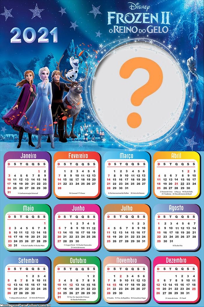 Calendário 2021 Frozen 2 Elsa Colagem de Foto