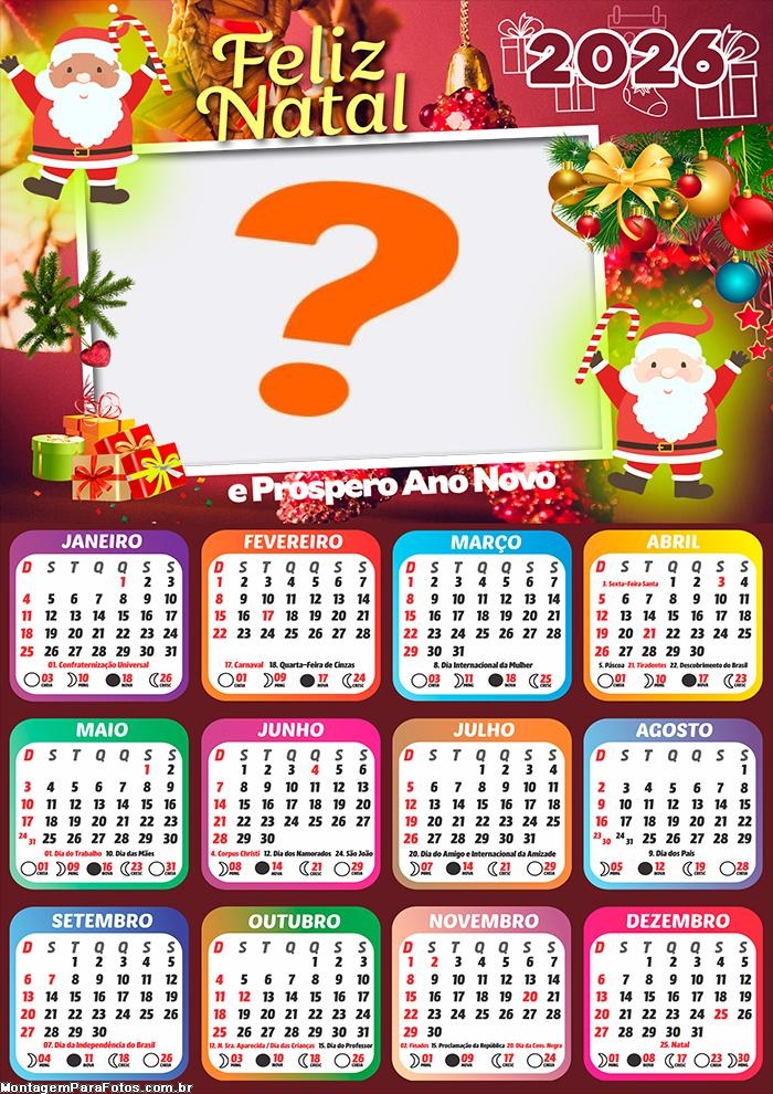 Calendário 2026 Feliz Natal e Próspero Ano Novo Montar Foto Grátis