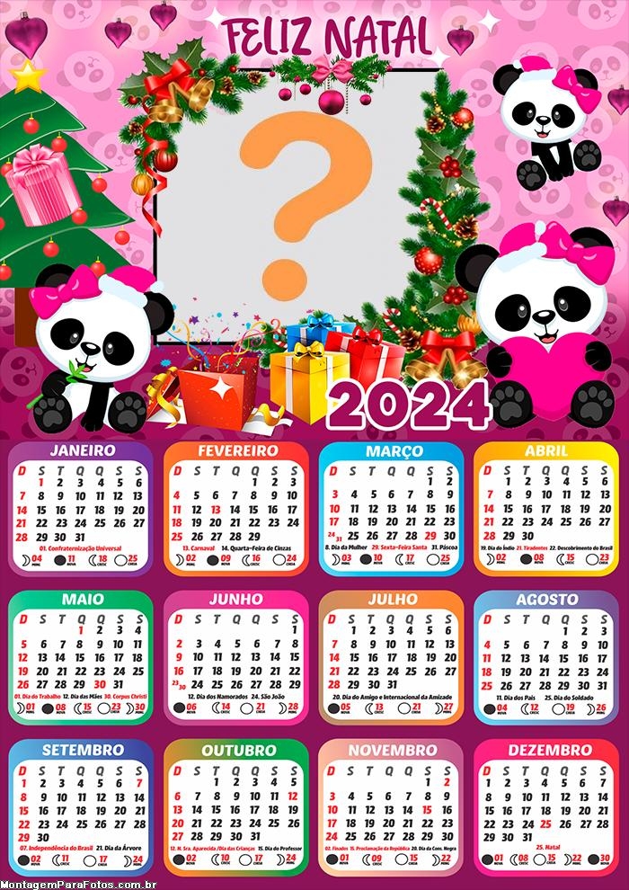 Calendário 2024 Feliz Natal Panda Rosa para Meninas