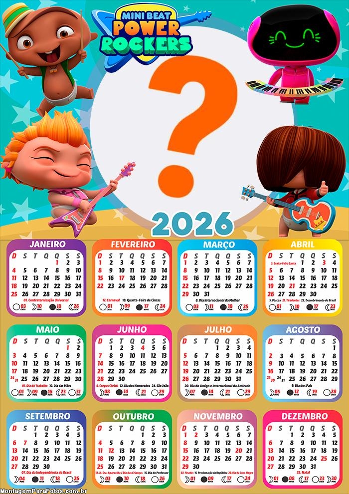 Calendário 2026 Mini Beat Power Rockers Colar Foto Online