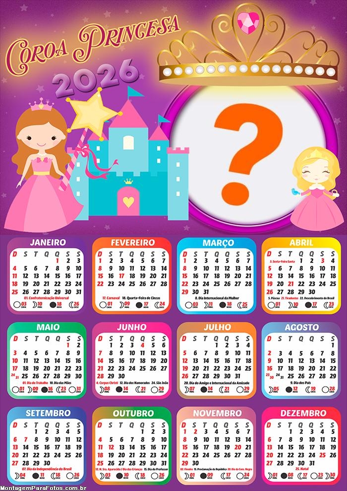 Calendário 2026 Coroa de Princesa Fazer Colagem Grátis
