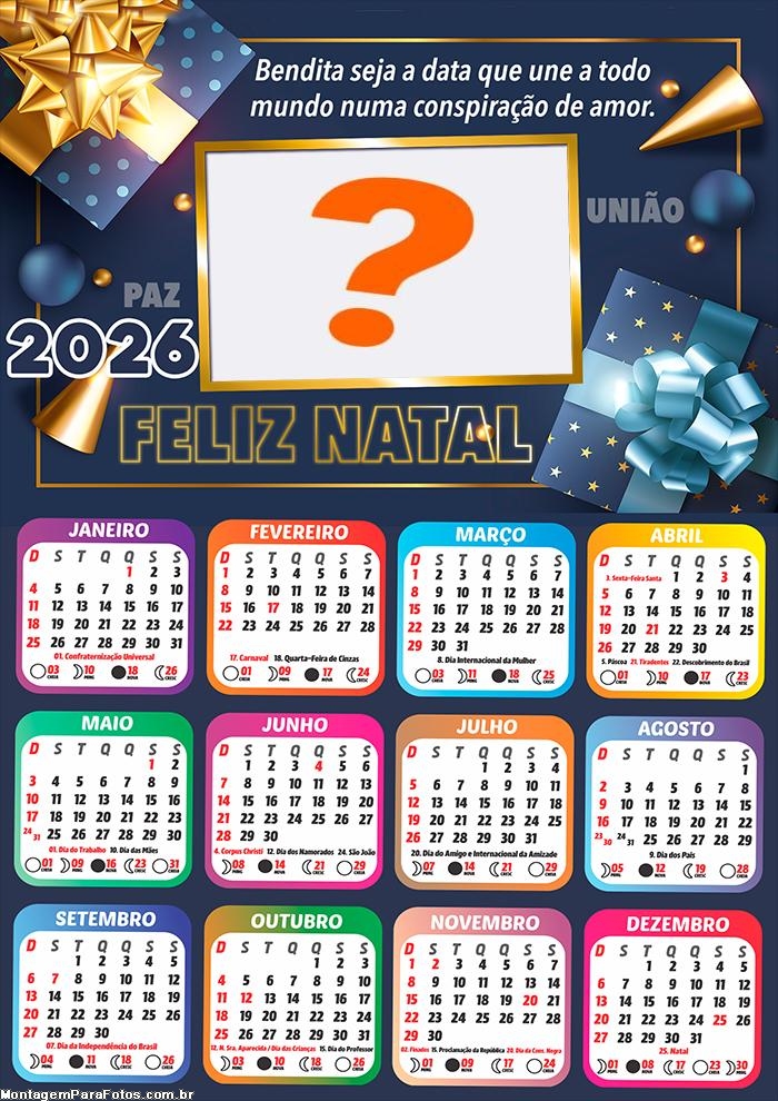 Calendário 2026 Data que une a todos Feliz Natal Criar Montagem
