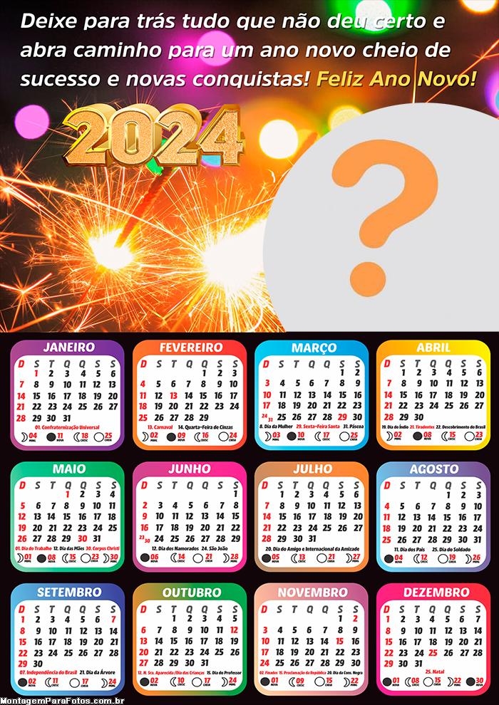 Calendário 2024 Feliz Ano Novo Novas Conquistas Online Grátis