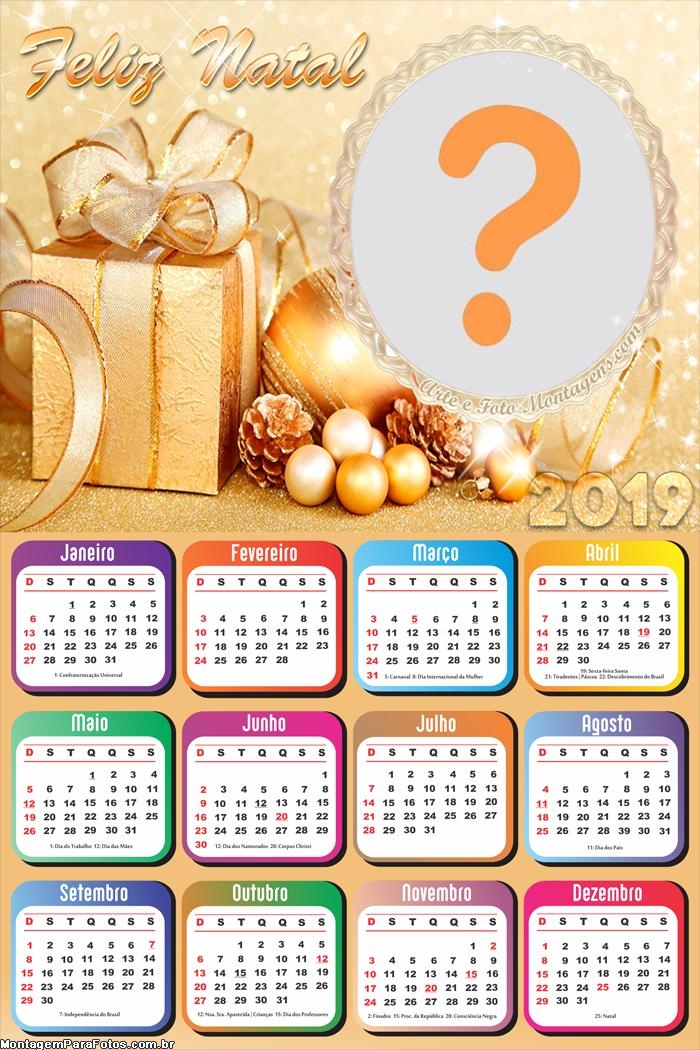 Calendário 2019 Feliz Natal Dourado