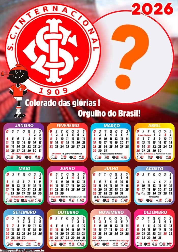 Calendário 2026 Internacional Time de Futebol Colagem Online