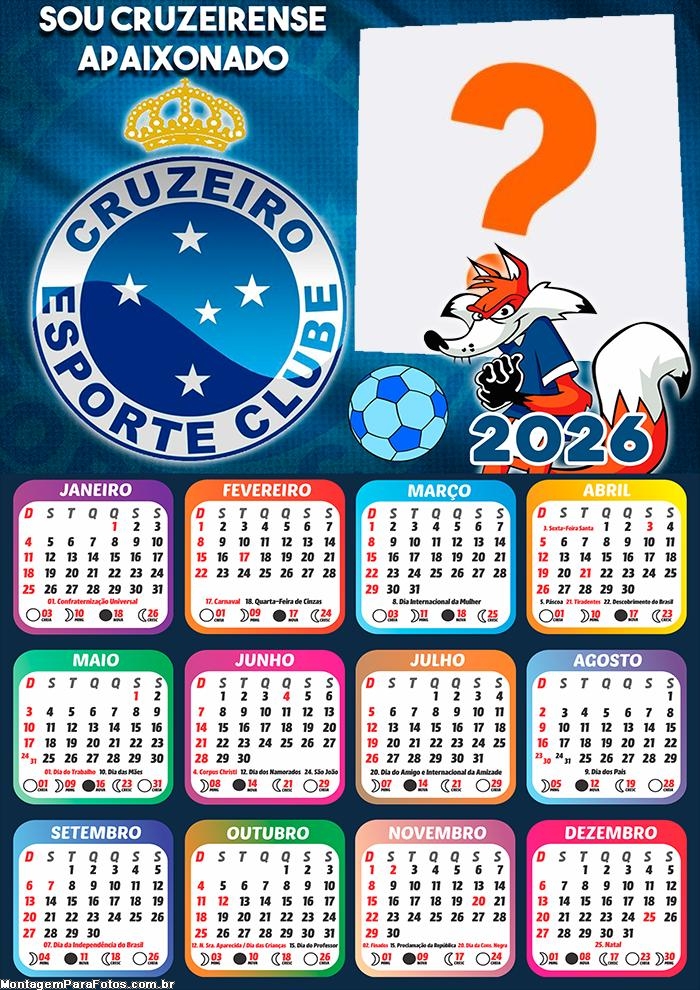 Calendário 2026 Cruzeiro Time de Futebol Fazer Colagem Grátis