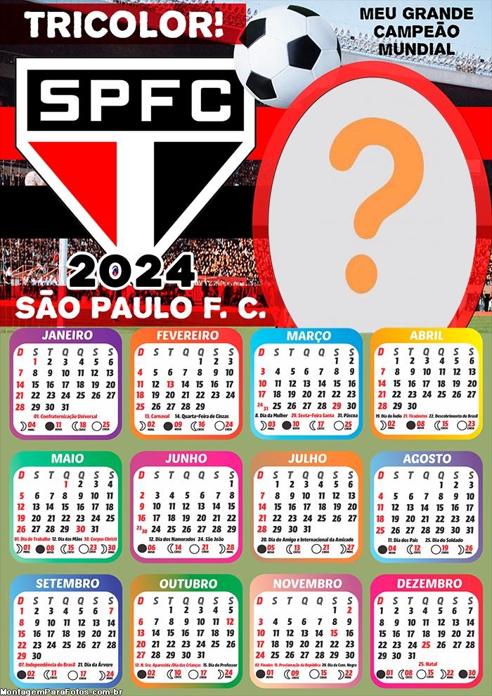 Calendário 2024 São Paulo Time de Futebol Foto Mensagem Online