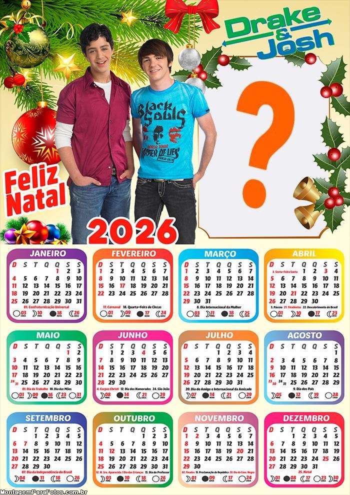 Calendário 2026 Feliz Natal Drake e Josh Foto Colagem