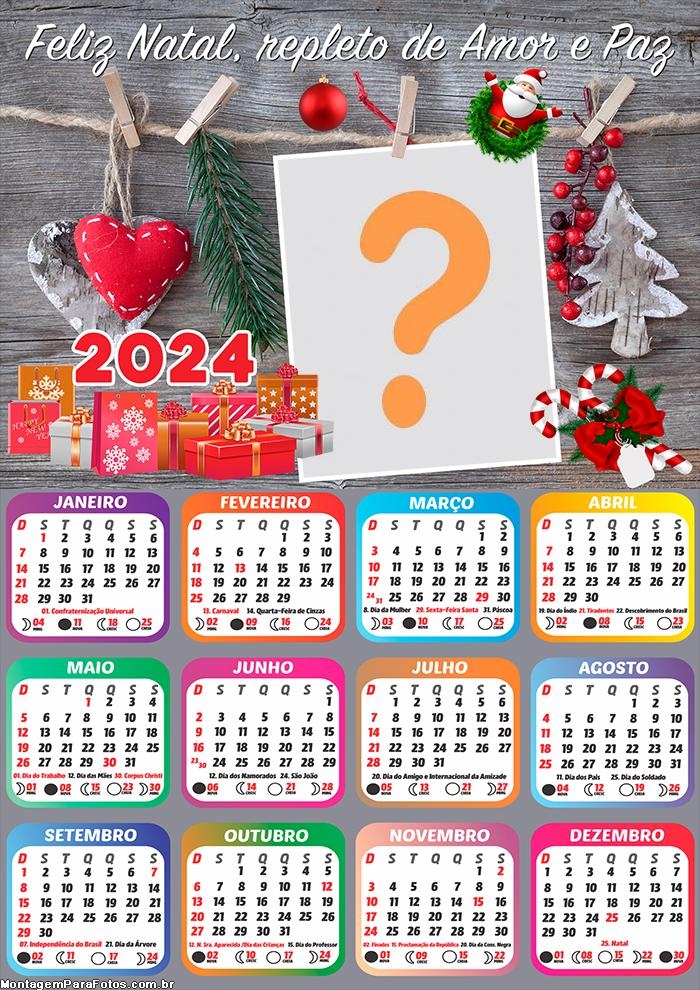 Calendário 2024 Feliz Natal Repleto de Amor e Paz  Gratuito Montagem