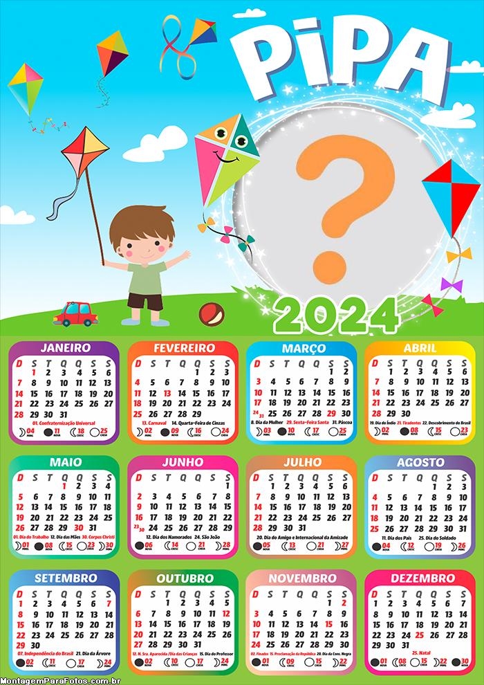 Calendário 2024 Colagem de Foto Infantil Tema Pipa