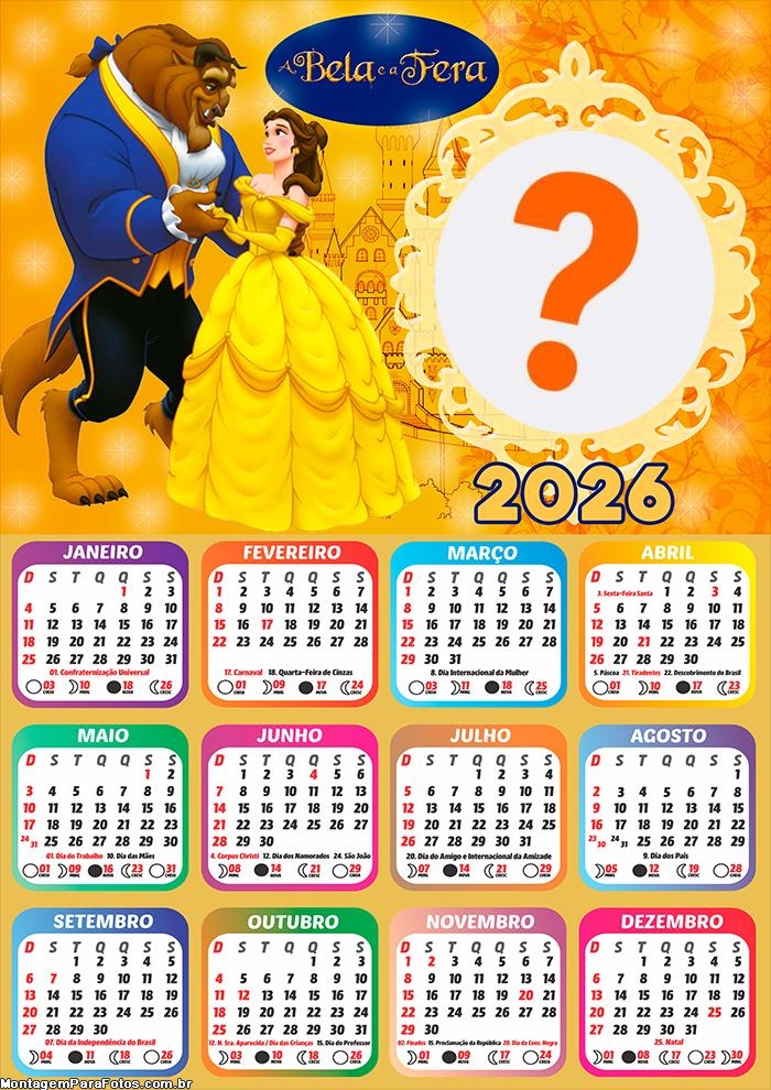 Calendário 2026 A Bela e a Fera Foto Montagem