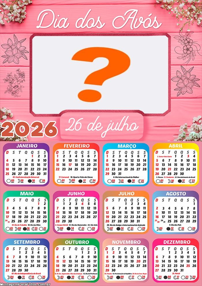 Calendário 2026 Dia dos Avós Fazer Colagem Grátis
