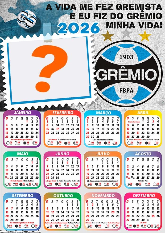 Calendário 2026 Grêmio Time de Futebol Juntar Foto Online