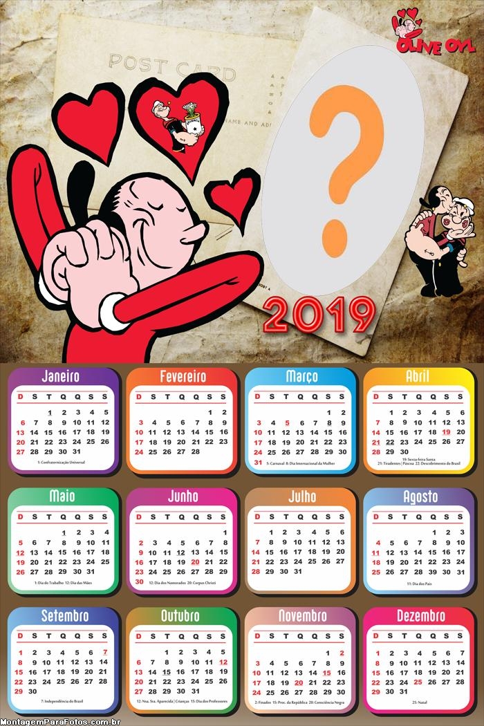 Calendário 2019 Olivia Palito e Popeye
