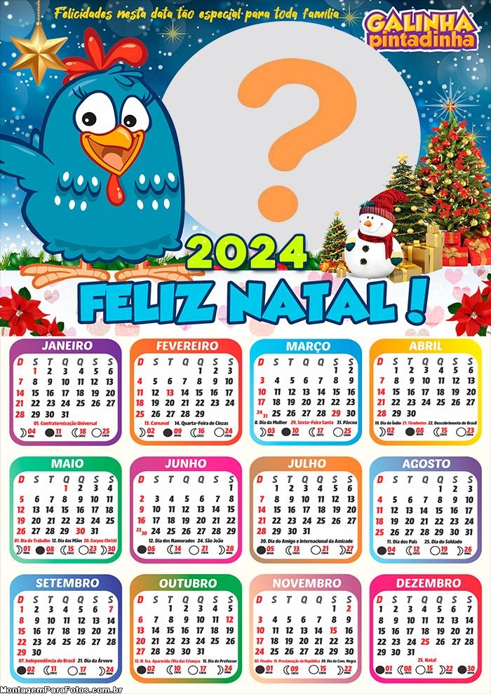 Calendário 2024 Feliz Natal Galinha Pintadinha Infantil Foto Montagem