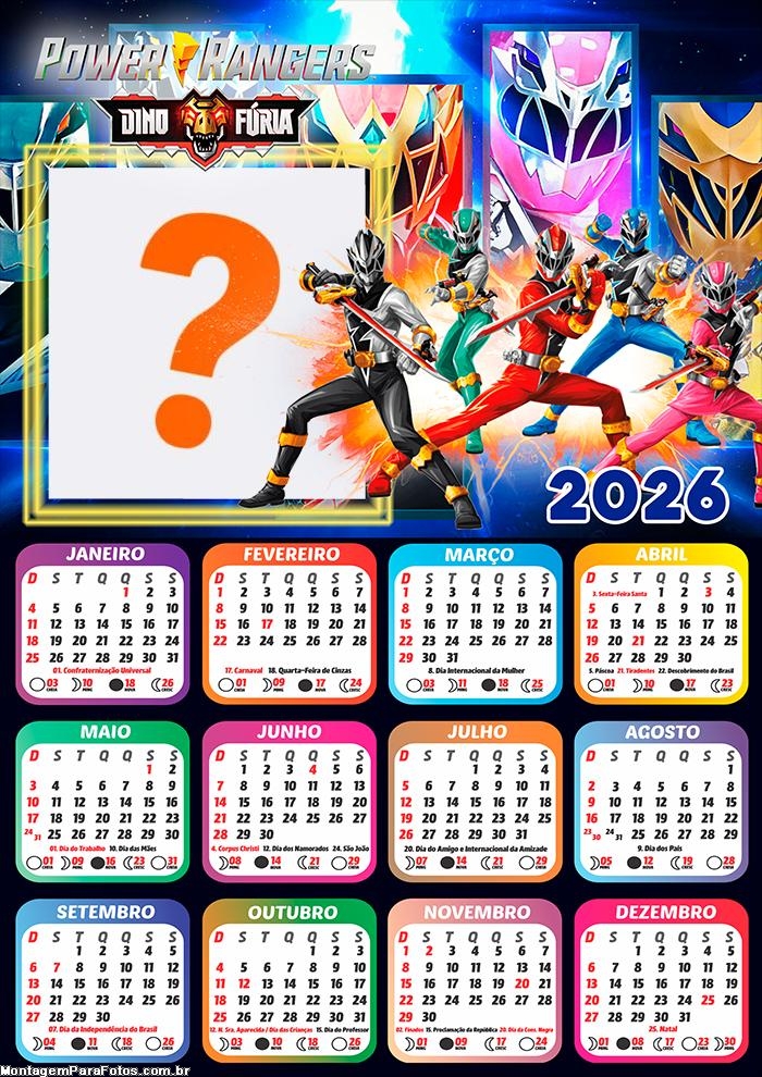 Calendário 2026 Power Rangers Dino Fúria Fazer Colagem Grátis