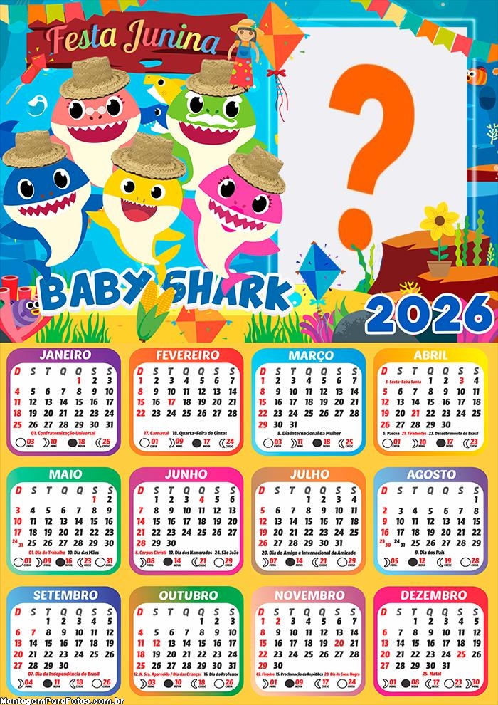 Calendário 2026 Arraiá Baby Shark Festa Junina Colagem Online