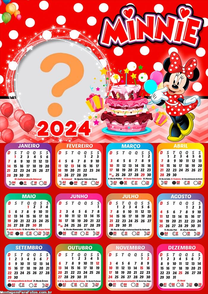 Calendário 2024 Aniversário Minnie Colar Foto e Imprimir