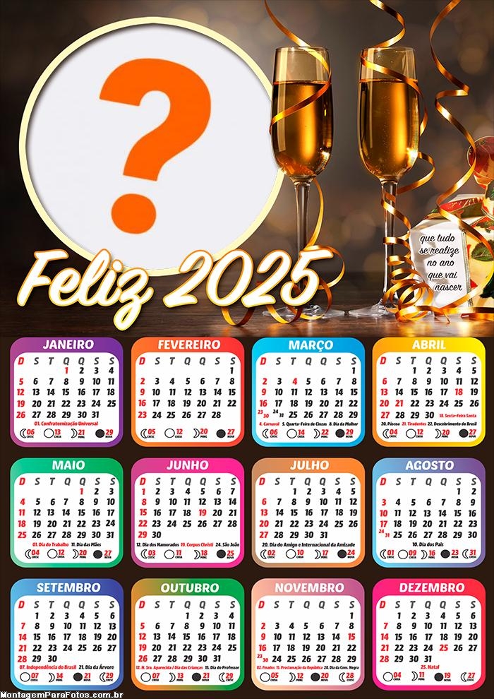 Calendário 2025 Feliz Ano Novo Que tudo se Realize com Foto Online