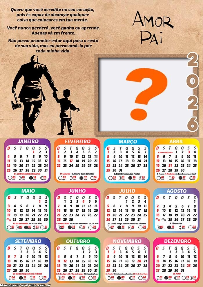 Calendário 2026 Pai Amor com Mensagem Dia dos Pais Foto Moldura