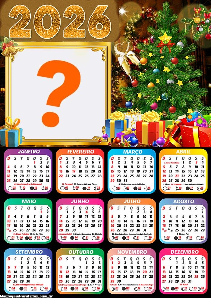 Calendário 2026 Árvore Natalina Feliz Natal Colagem de Fotos