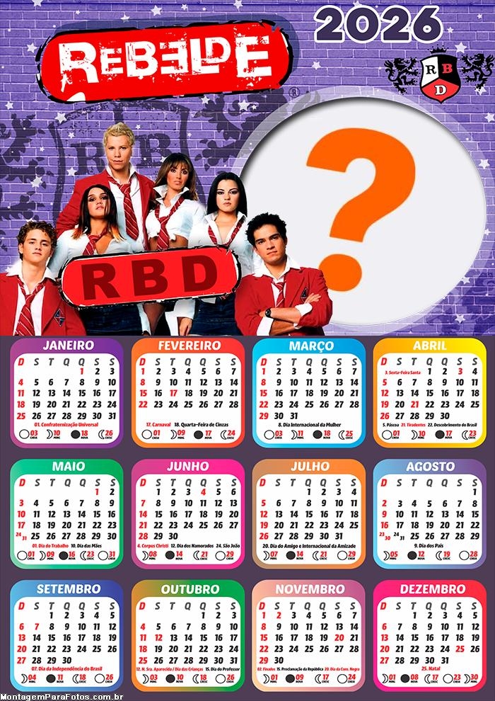 Calendário 2026 Rebelde RBD Fazer Colagem Grátis