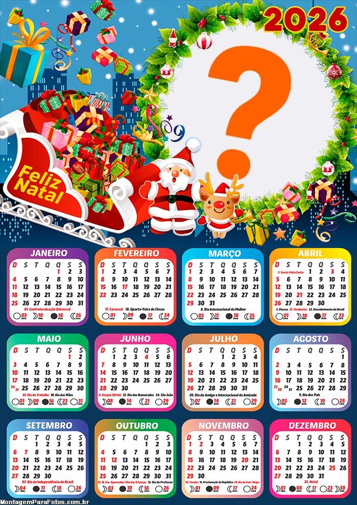 Calendário 2026 Feliz Natal Trenó Papai Noel Colagem de Fotos