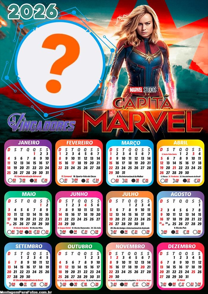 Calendário 2026 Capitã Marvel Vingadores Criar Montagem