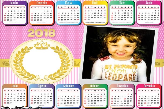 Calendário 2018 Realeza para Meninas Rosa