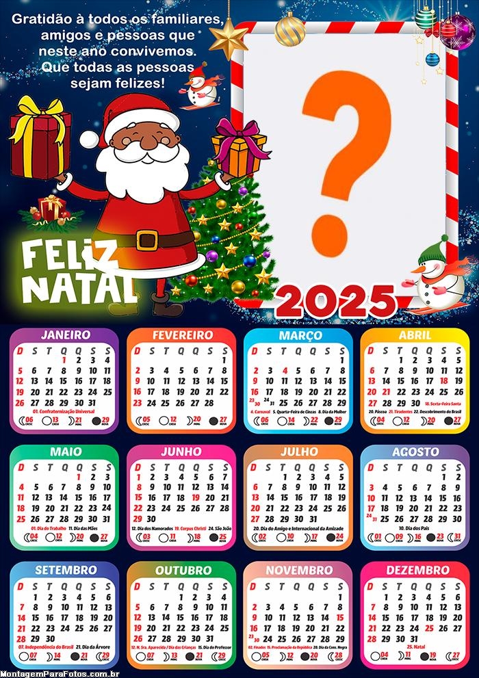 Calendário 2025 Gratidão Papai Noel Afro Colagem Online Grátis
