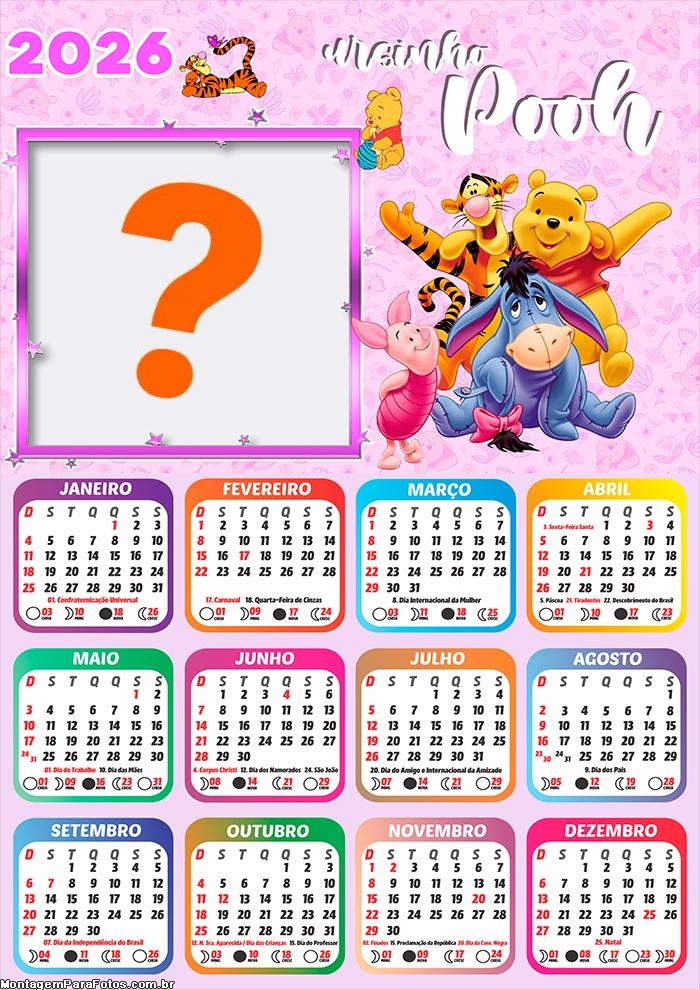 Calendário 2026 Ursinho Pooh para Meninas Colagem Online