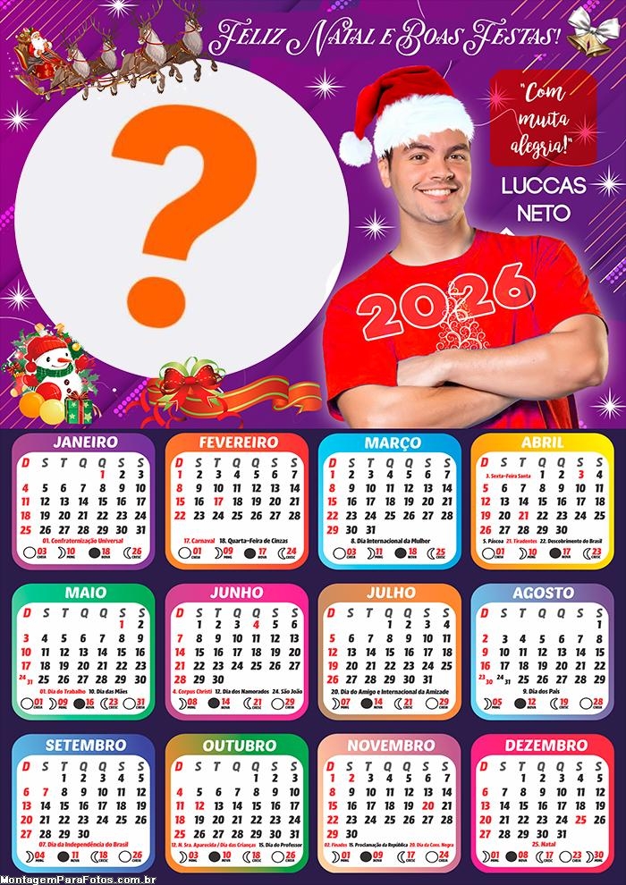 Calendário 2026 Feliz Natal Luccas Neto Foto Colagem