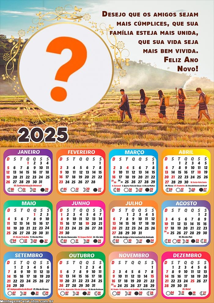 Calendário 2025 Desejos de Feliz Ano Novo Mensagem Montagem