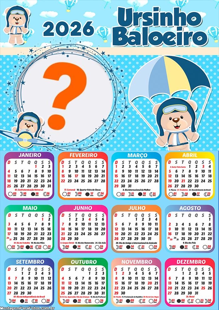 Calendário 2026 Ursinho Baloeiro Montar Foto Grátis