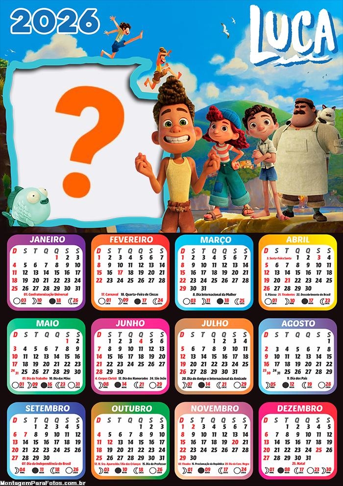 Calendário 2026 Luca Personagens Montagem de Foto