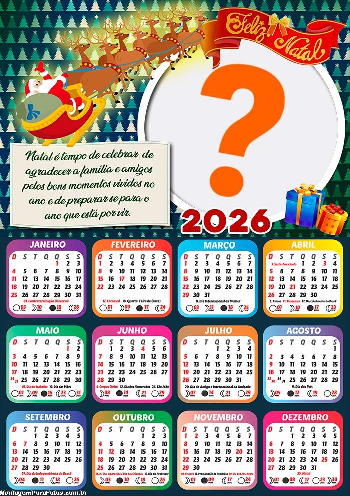 Calendário 2026 Frase de Agradecimento a Familia e Amigos Montagem de Foto