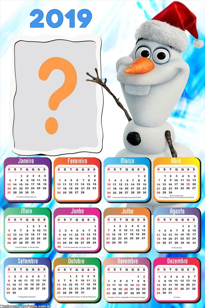 Calendário 2019 Olaf Feliz Natal