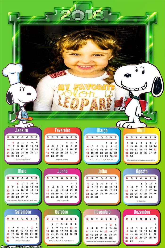 Calendário 2018 Snoopy Cachorrinho