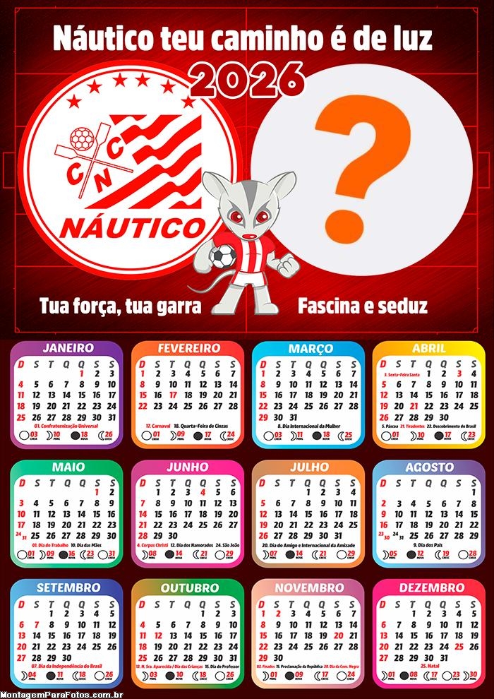 Calendário 2026 Náutico Time de Futebol Fazer Colagem Grátis