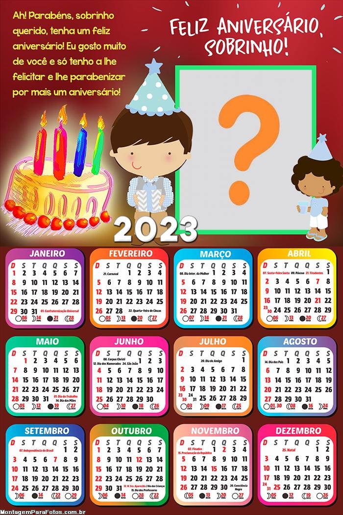 Calendário 2023 Moldura Fotos com Feliz Aniversário Sobrinho | Colagem de Foto Calendário 2023 Moldura Fotos com Feliz Aniversário Sobrinho | Colagem de Foto