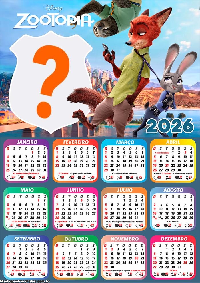 Calendário 2026 Zootopia Colar Foto Online