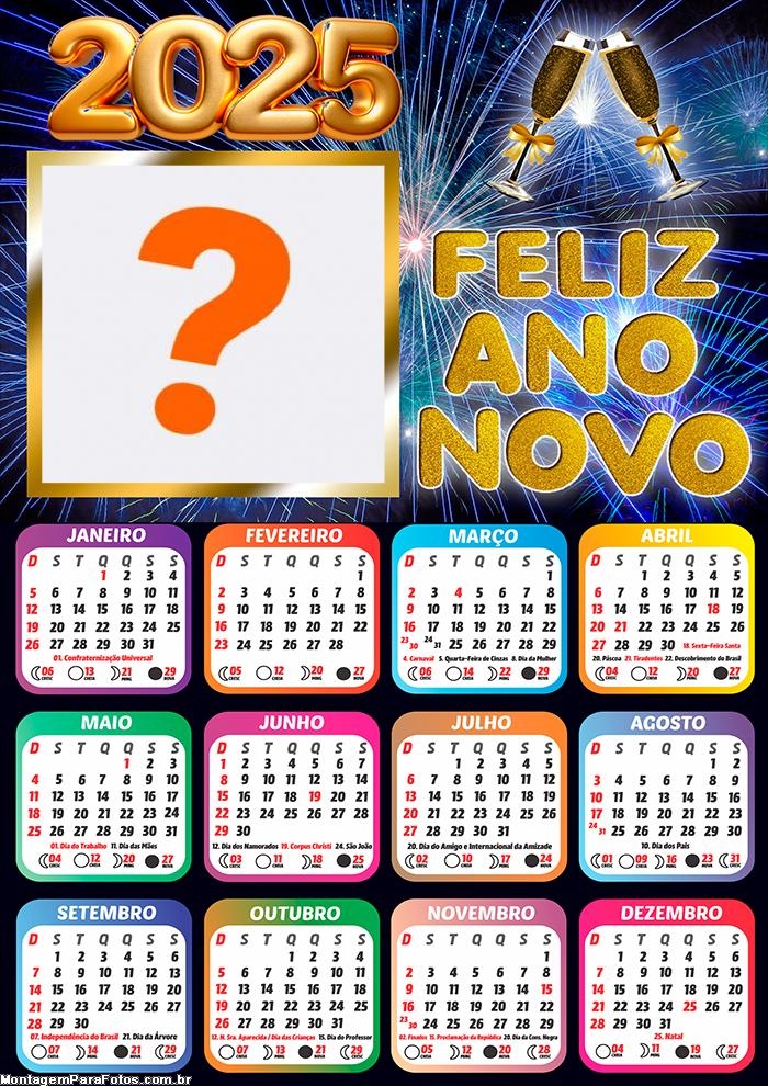 Calendário 2025 Moldura Feliz Ano Novo 2025