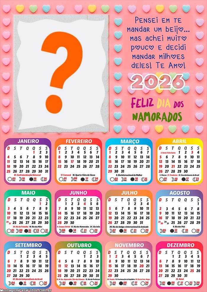 Foto em Calendário 2026 Milhões de Beijos Dia dos Namorados Online