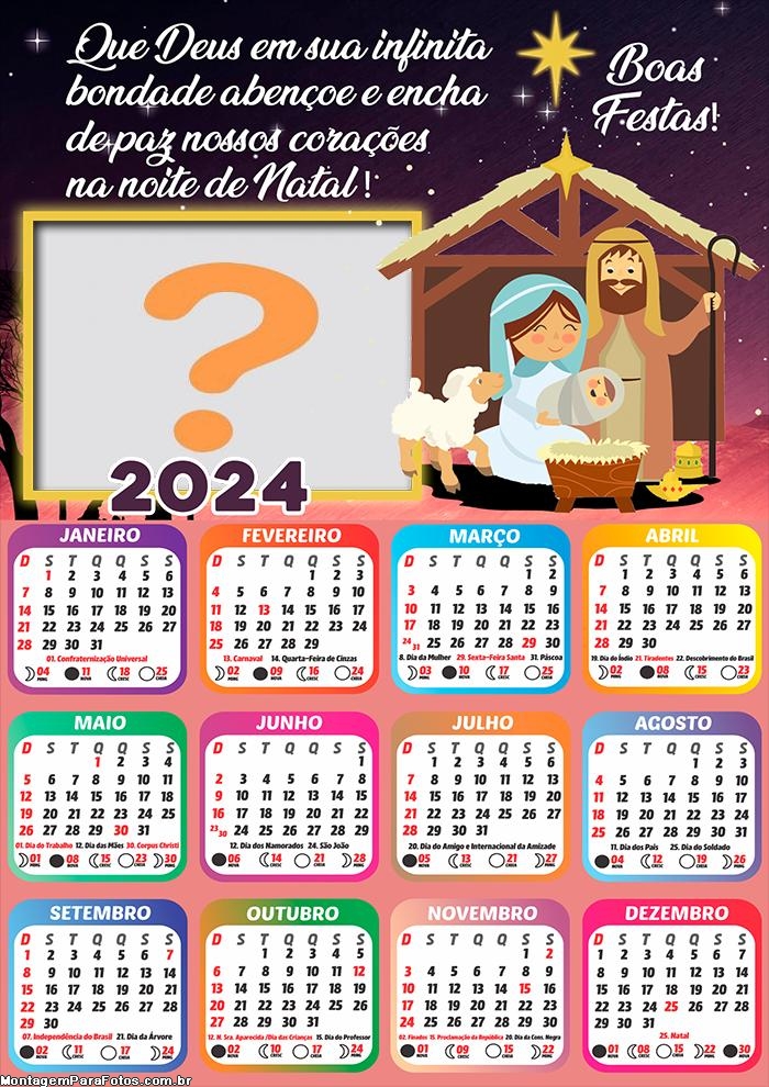 Calendário 2024 Religioso Noite de Natal Colar Foto e Imprimir