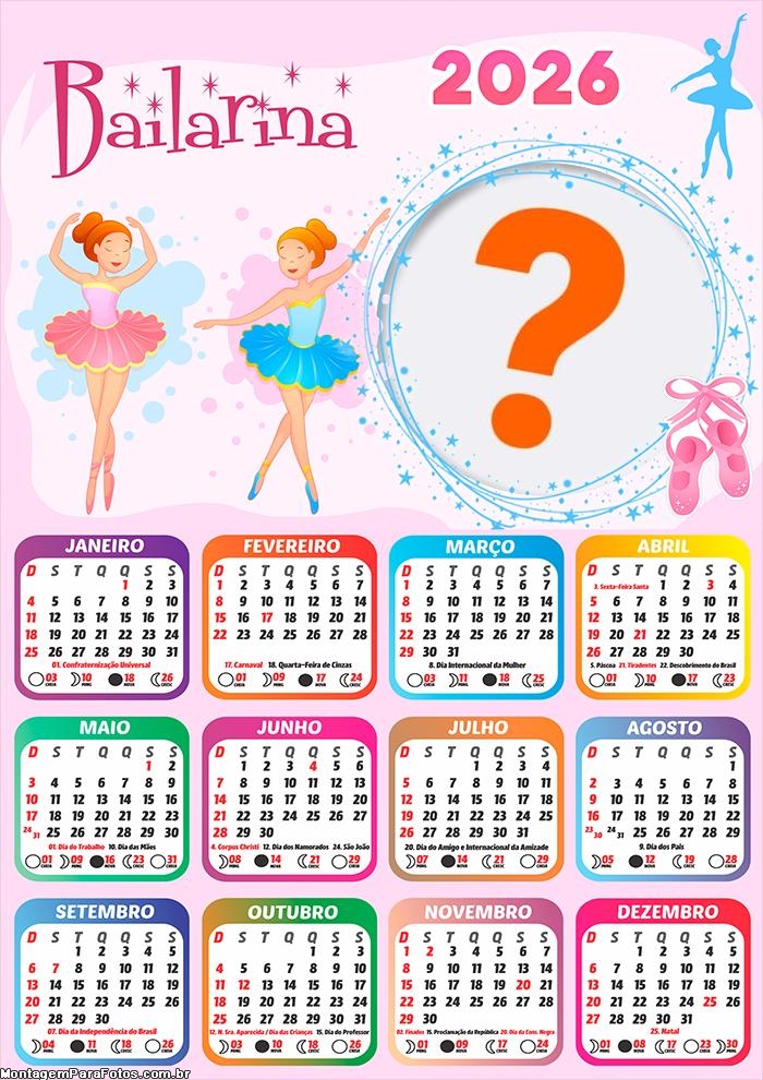Calendário 2026 Bailarina Fazer Colagem Grátis