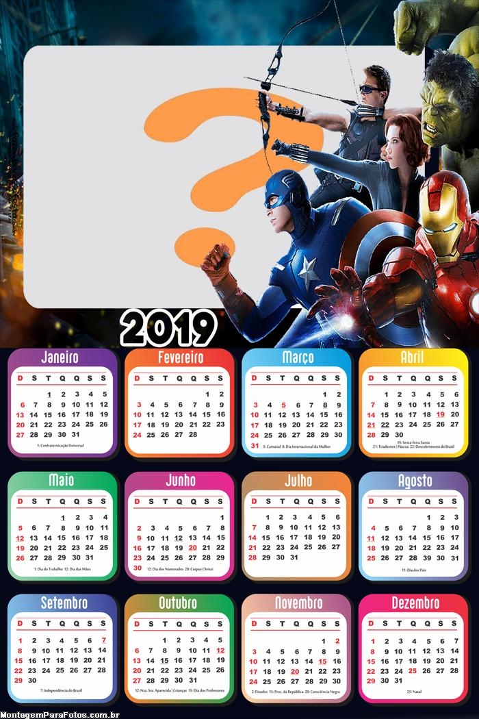 Calendário 2019 Vingadores Filme