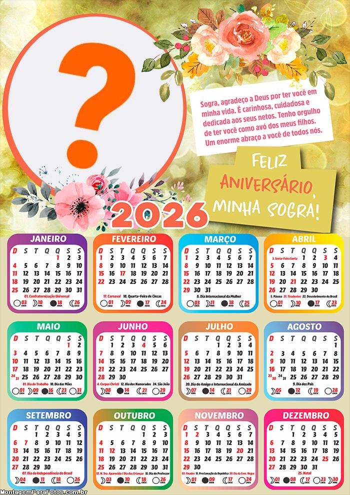Calendário 2026 Feliz Aniversário Sogra Montar Foto Grátis